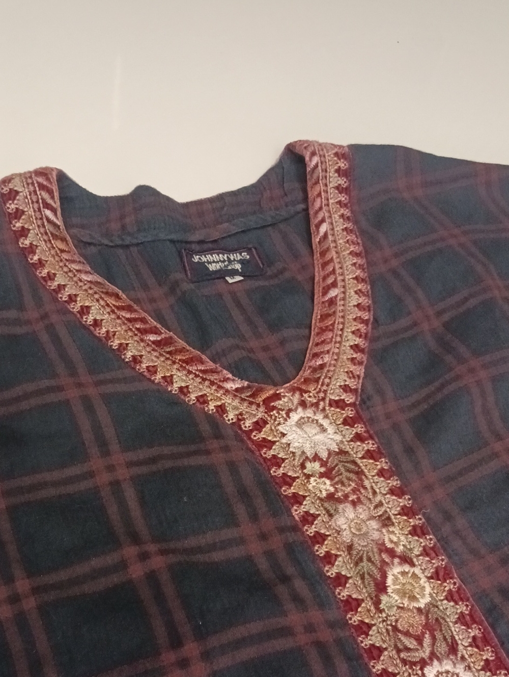 Johnny Was Girls' Navy Plaid Top with Burgundy Embroidered Trim M -L - Picture 4 of 6